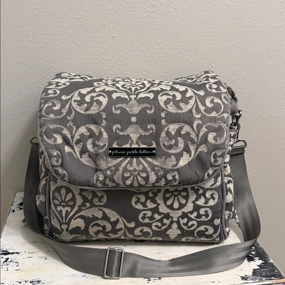 Petunia Pickle Bottom Boxy Backpack Diaper Bag Gray Damask Travel Hospital ~ EUC
